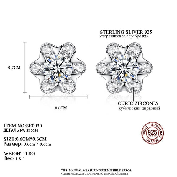 Genuine 925 Sterling Silver Snowflake Stud Earring Fashion Jewelry White Gold Plated Cubic Zirconia Stud Earring