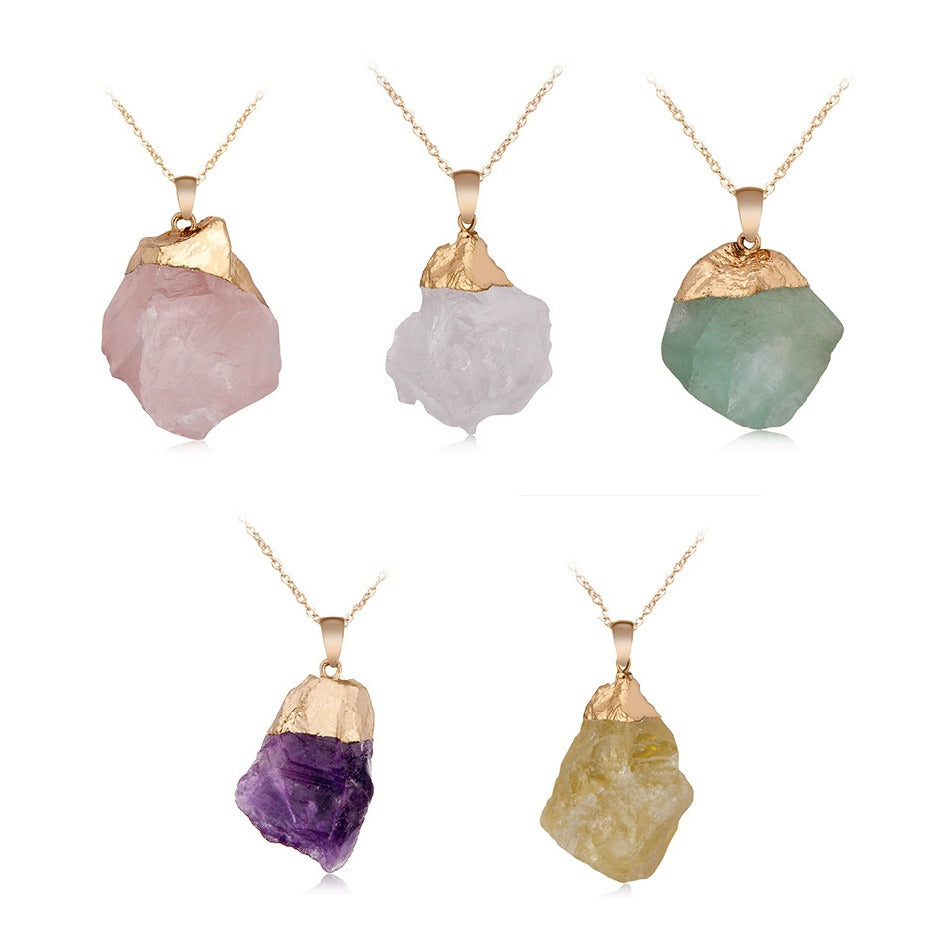 Irregular Shape Gold Plated Healing Rose Quartz Crystal Amethyst Semi Precious Raw Stone Pendants for Jewelry Making