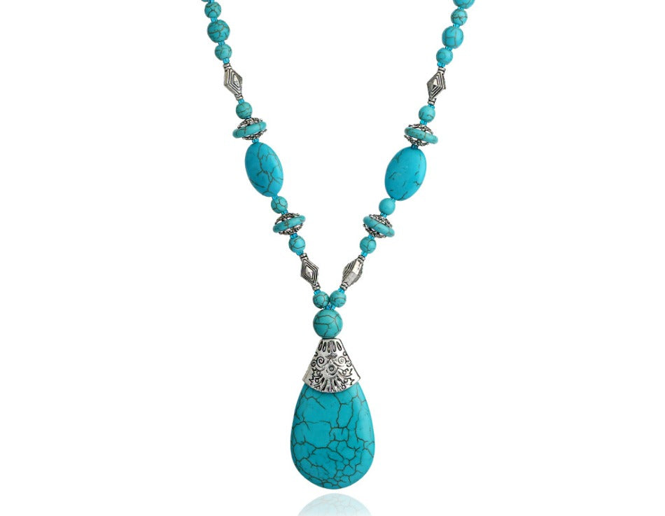 Gemstone Handmade Boho Jewelry Women Vintage Turquoise Stone Water Drop Pendant Necklace