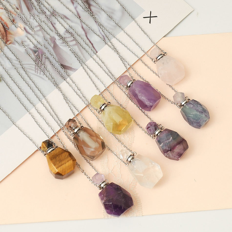 Women Natural Stone Fluorite Crystal Quartz Essential Oil Perfume Bottle Pendant Necklace