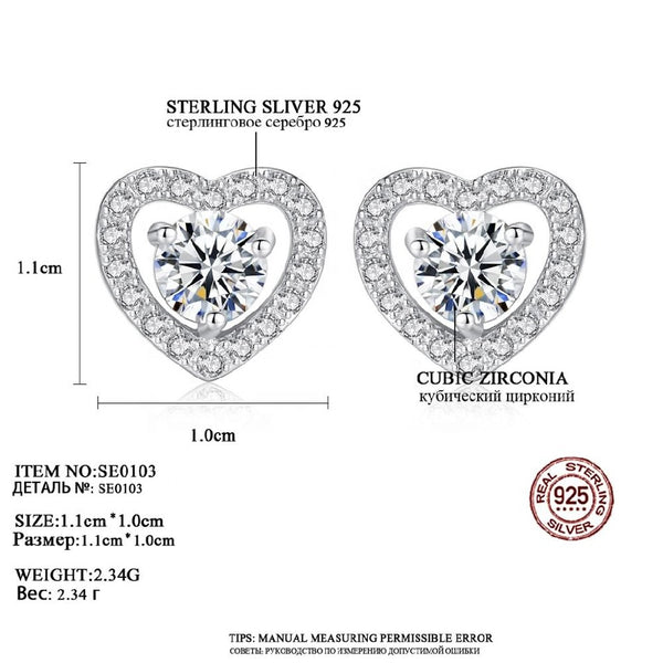 Simple Design Tiny CZ Inlay Heart 925 Sterling Silver Stud Earrings For Women Exquisite Ladies Earrings Fine Jewelry