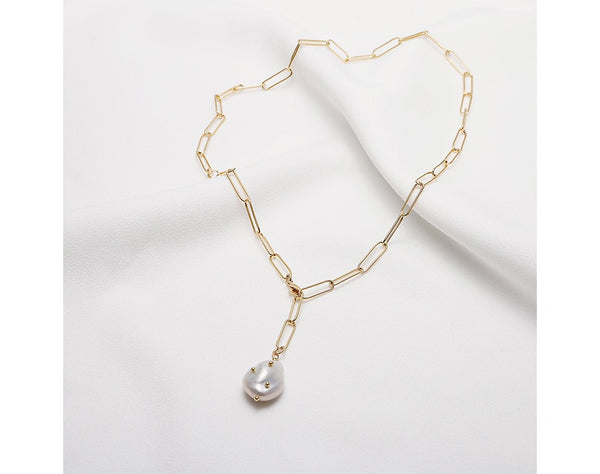 18k Gold Plated Copper Lock Clasp Style Natural Freshwater Baroque Pearls Pendant Paper Clip Chain Necklace