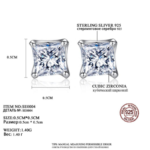 Classic Square CZ Crystal Small Stud Earring 925 Sterling Silver Fashion Earring for Women Party Jewelry