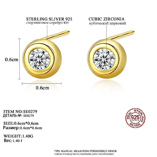 Luxury Round Shape 925 Sterling Silver Stud Earrings Gold Plated Women Fashion Jewelry