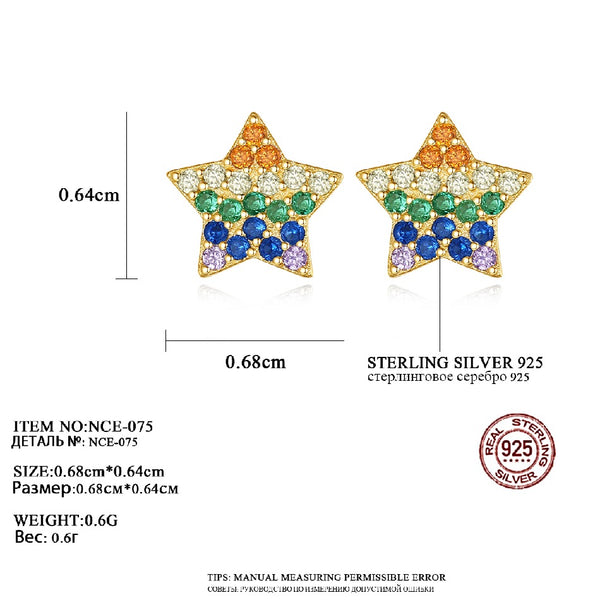 Fashion Gold Plated Silver Star Earrings Pave Colorful Rainbow S925 Sterling Silver CZ Dainty Geometric Earring Stud for Girl