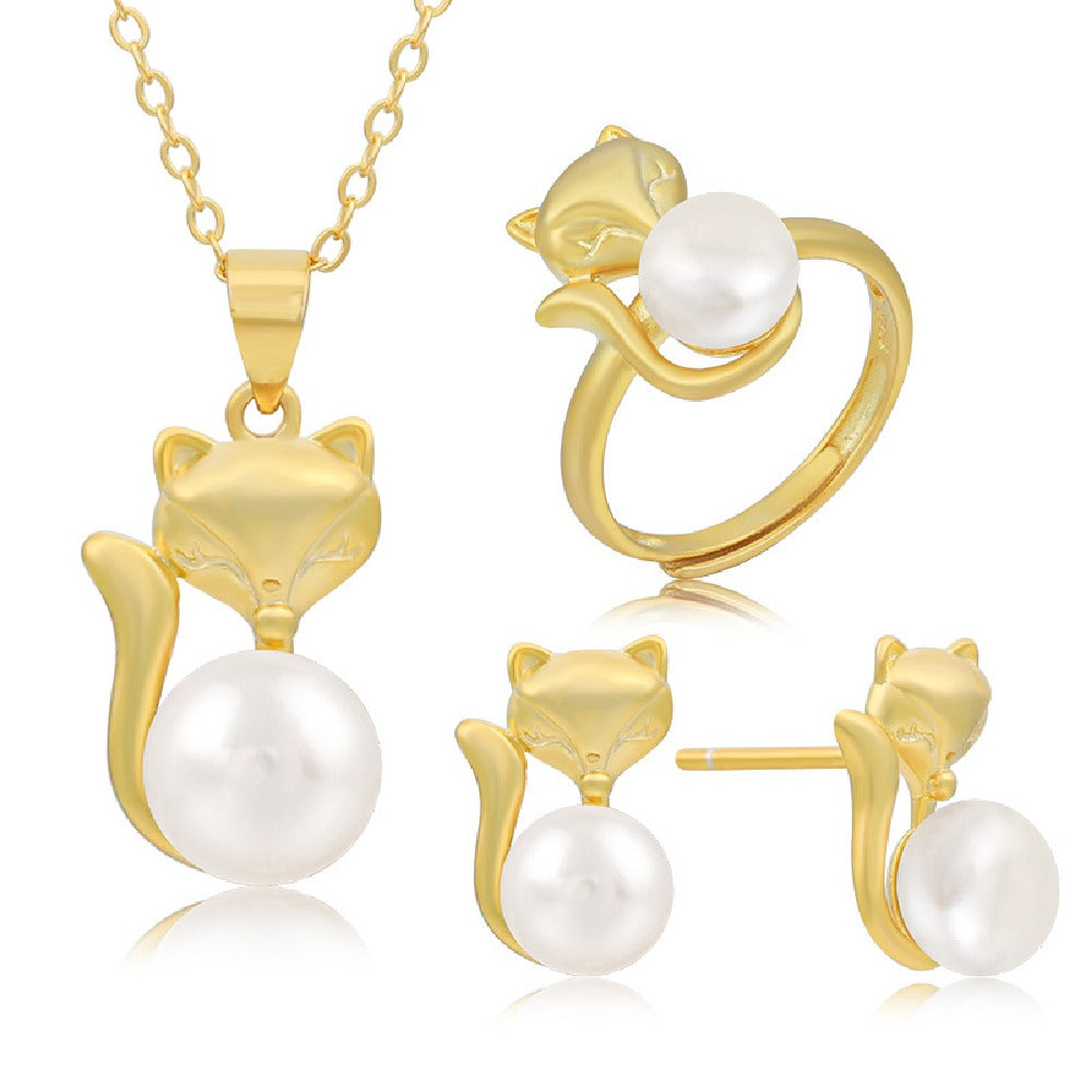 Fashion Simple Wedding 925 Sterling Silver Natural Pearl Necklace Ring Stud Earrings Women Gold Animal Fox Jewelry Set