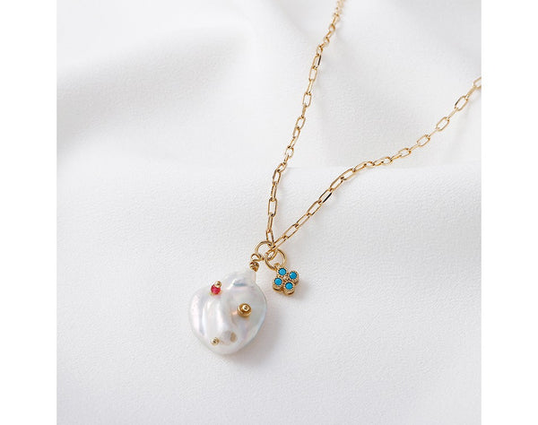 2022 Trendy Gold Plated Copper Necklace Chain Baroque Shaped Pearl Pendant Necklace