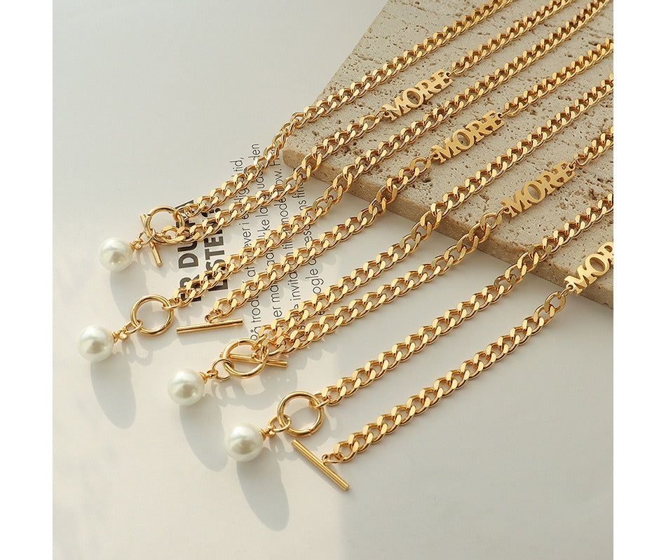 INS Stainless Steel MORE Letter OT Buckle Gold Link Chain Floating Single Pearl Necklace for Women