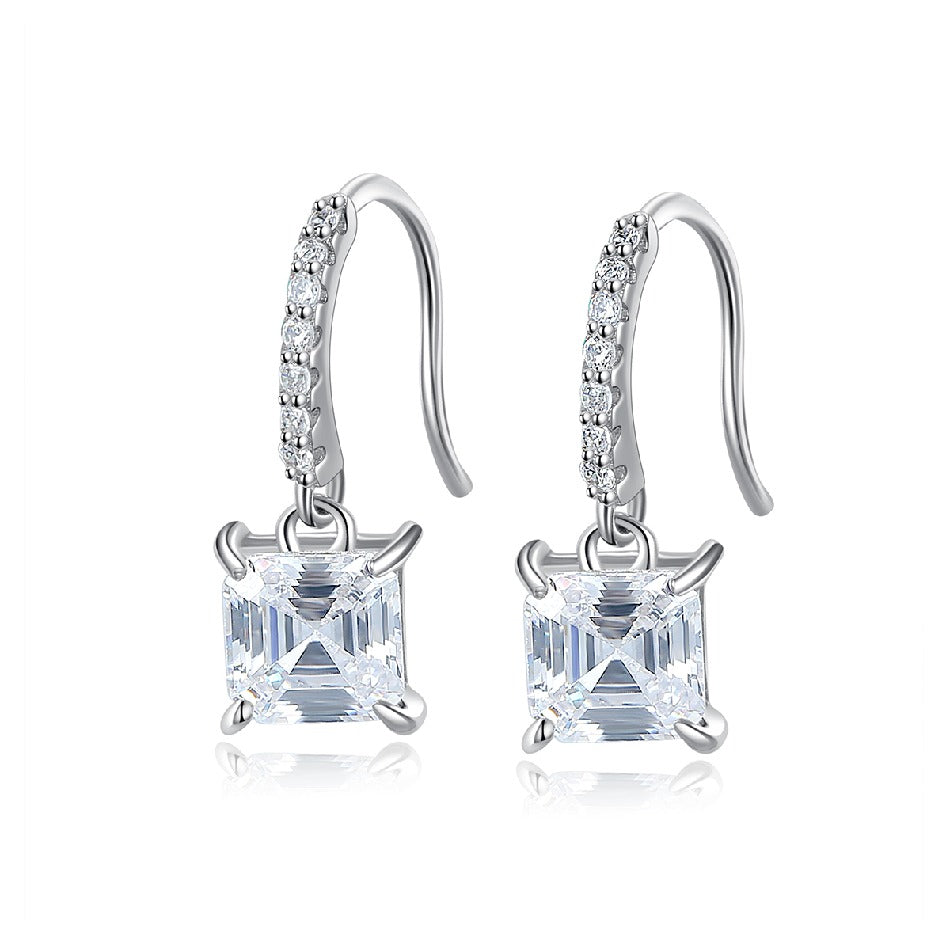 2021 New Design Elegant Drop Hook Earrings for Women 925 Sterling Silver Asscher Cut Cubic Zircon Earring Rhodium Plated Jewelry