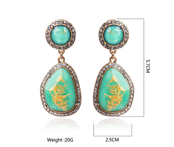 Vintage Bohemian Diamond Alloy Earring Ladies Fashion Irregular Resin Green Turquoise Stud Drop Earrings for Women Female