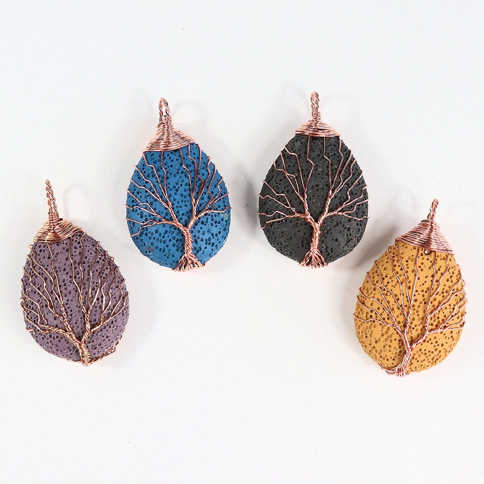 Essential Oil Diffuser Copper Wire Wrapped Natural Stone Amethyst Tree Of Life Lava Stone Pendant