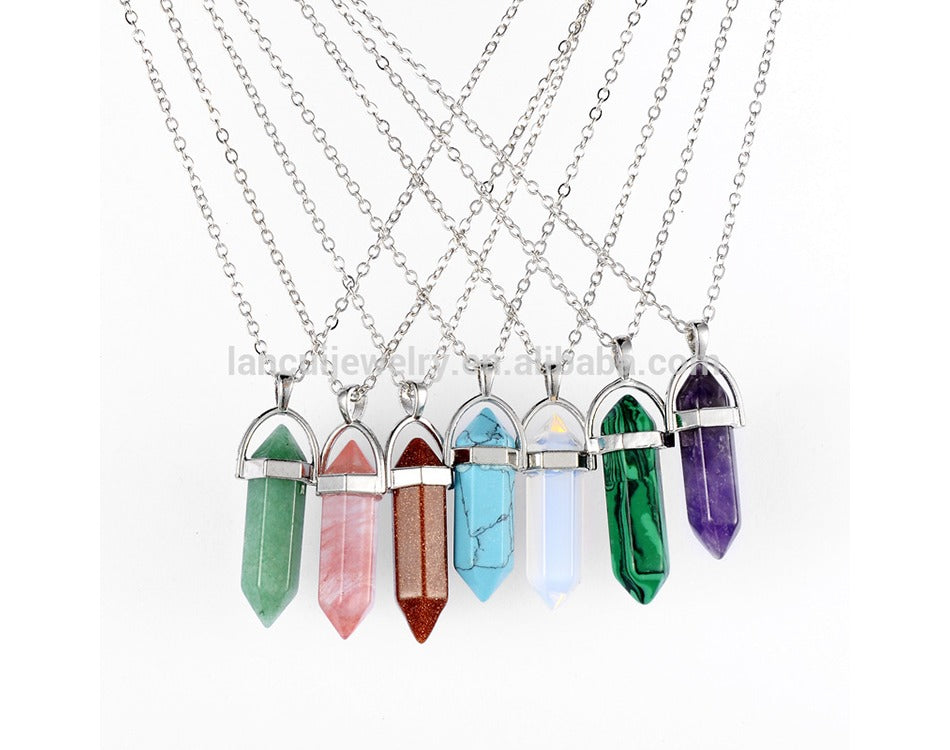 Stainless Steel Crystal Quartz Natural Stone Gemstone Bullet Shape Healing Point Turquoise Hexagonal Column Pendant Necklace