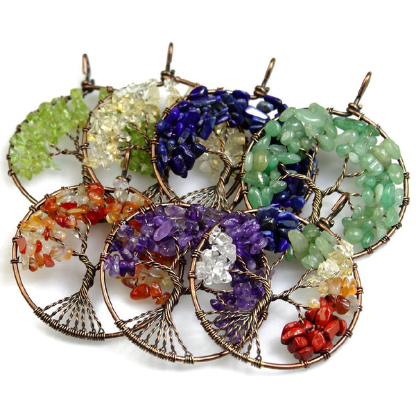 50MM Reki Mix Natural Stone Citrine Labradorite 7 Chakra Healing Round Tree Of Life Pendants