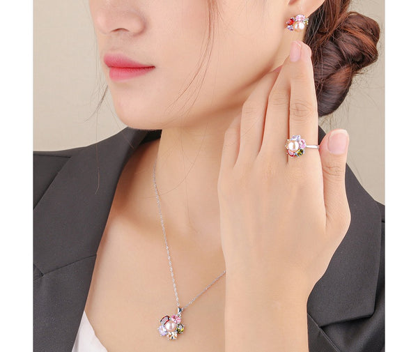 Luxury Elegant Lady Rainbow Color CZ Flower Necklace Earrings Ring 925 Sterling Silver Natural Pearl Jewelry Set