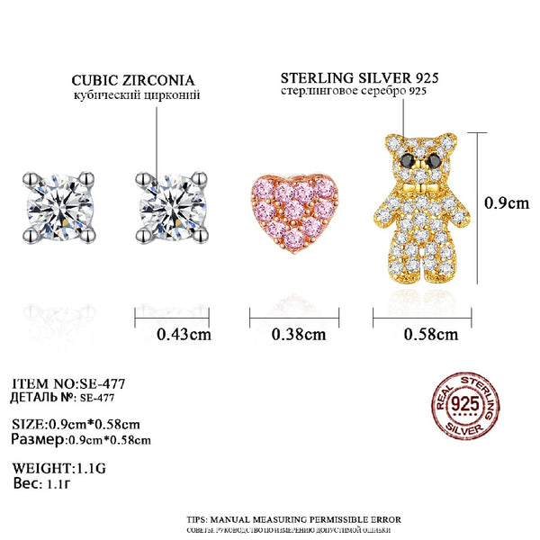 Fashion Earrings Trend 2020 Heart Bear Cubic Zirconia Earring for Girl Jewelry 925 Sterling Silver CZ Stud Earrings Set