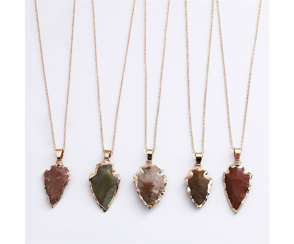 Statement Gold Plated Geometric Fancy Agate Picture Jasper Black Obsidian Antique Arrow Natural Stone Pendants