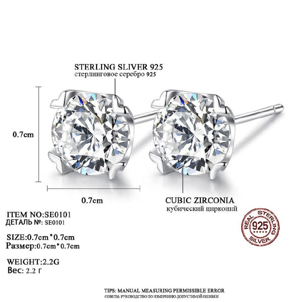 Elegant 1 ct Round Clear Cubic Zirconia 925 Sterling Silver Stud Earrings