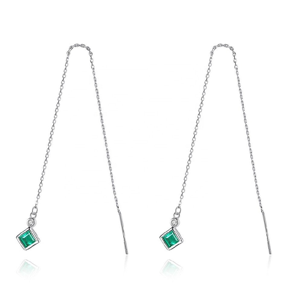 Square Shaped Emerald Stone Earring Sterling Silver 925 Threader Dangle Drop Earrings Chandelier Earrings for Women