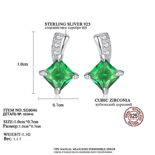 ute Green Square Crystal Earring 925 Silver Earring for Women Emerald Stud Earrings