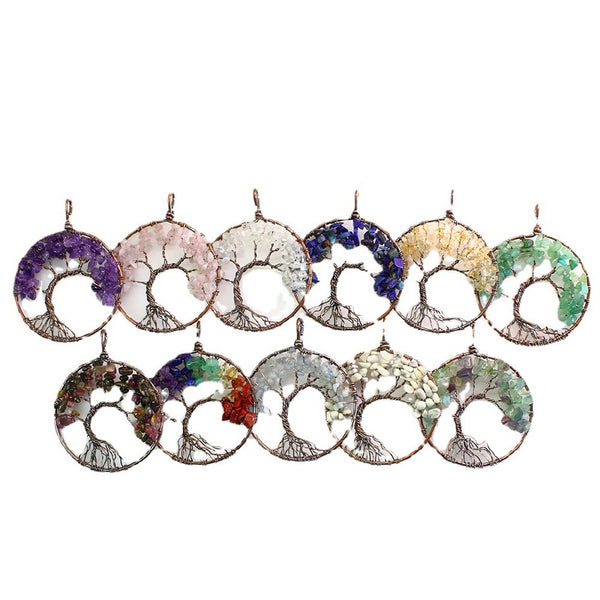 7 Chakra Rainbow Fluorite Natural Stone Jewelry 50MM Wisdom Antique Copper Plated Tree Of Life Pendants For Women