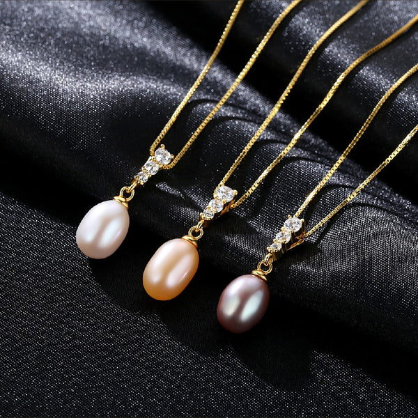 2022 Women Fashion Jewelry CZ 925 Sterling Silver 16 Inches Gold Chain Natural Rice Pearl Necklace