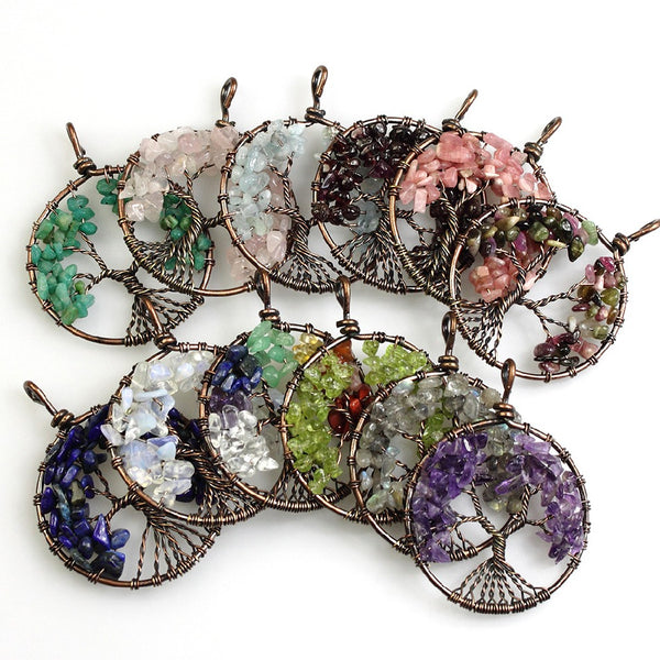 40MM Antique Bronze Plated Wire Wrapped Natural Stone 7 Chakra Amethyst Rainbow Tourmaline Round Tree Of Life Pendants