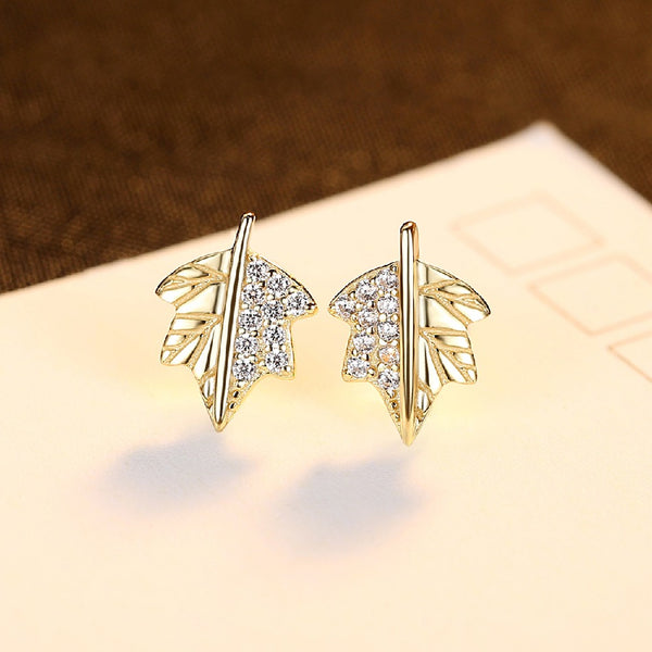 Real 925 Sterling Silver CZ Maple Leaf Earrings Gold Plated Clear Zircon Stud Earrings for Women Christmas Gift