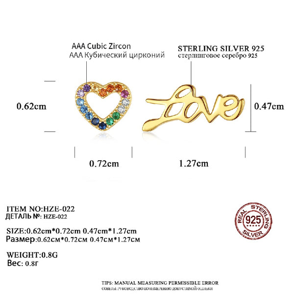 2020 Multi Colorful CZ Heart Shape Earrings S925 Sterling Silver Love Letter Earrings 18K Gold Plated