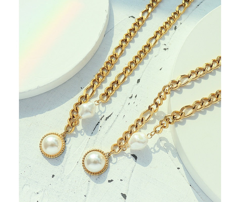 Trendy Jewelry 18K Stainless Steel Curb Link Chain Natural Baroque Pearl Pendant Necklace For Women