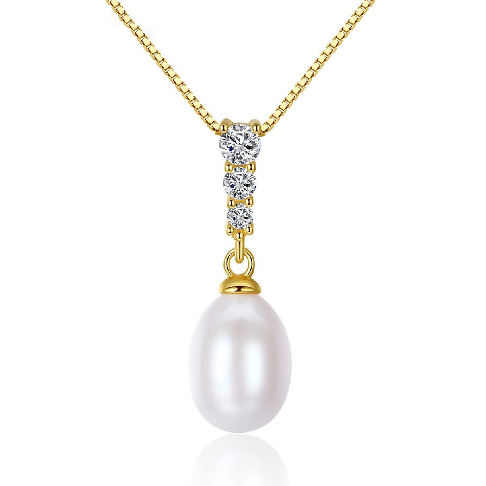 2022 Women Fashion Jewelry CZ 925 Sterling Silver 16 Inches Gold Chain Natural Rice Pearl Necklace