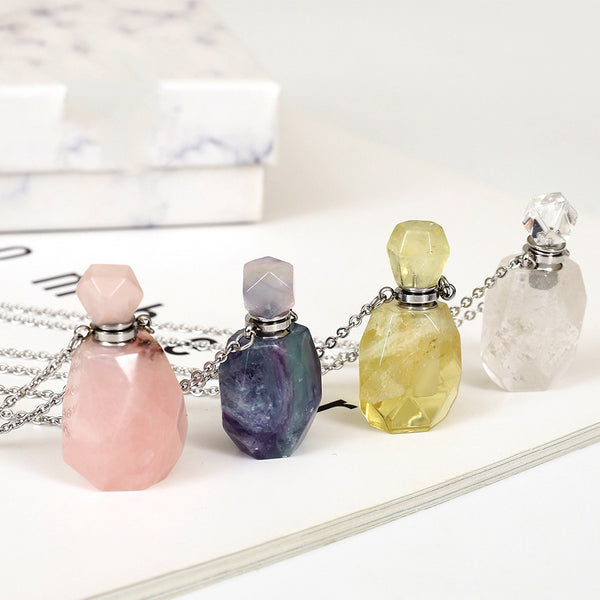 Women Natural Stone Fluorite Crystal Quartz Essential Oil Perfume Bottle Pendant Necklace