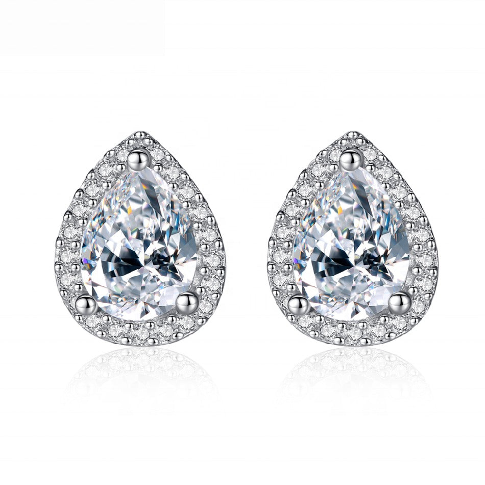 Rhodium Plated 925 Sterling Silver Jewelry Wholesale Teardrop Stud Earrings for Women Wedding  Pear CZ Stud Earring