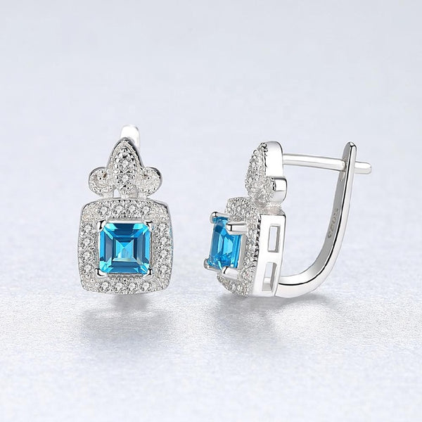 925 Sterling Silver Sky Blue Crystal Geometric Stud Earrings for Women Luxury Cubic Zirconia Earring Jewelry