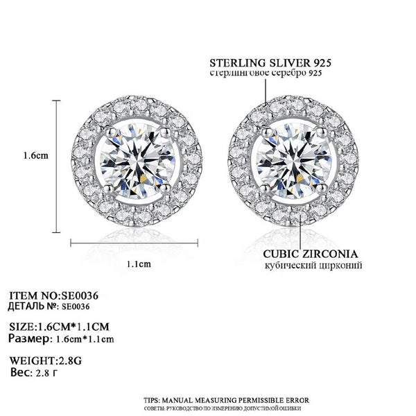 CZCITY Round Shape Cubic Zirconia Classic 925 Sterling Silver Stud Earrings for Women Circle Earrings Silver CZ Diamond Studs