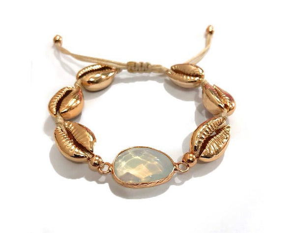 New Trendy Summer Beach Bohemian Jewelry Adjustable Golden Woven Womens Natural Shell Stone Charms Bracelet