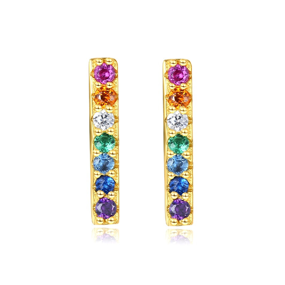 High Fashion Silver Women Elegant Rainbow Bar Earrings 14K Gold Plated 925 Sterling Silver Zircon Stud Earring