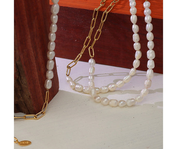 Lady Fashion Half Stainless Steel Paper Clip Chain Half Akoya Natural Long Pearl Necklace