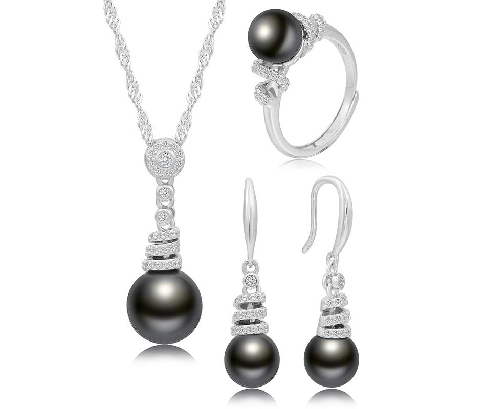 Creativity 925 Sterling Silver Cubic Zirconia Earrings Ring Necklace Black Natural Pearl Jewelry Set For Women