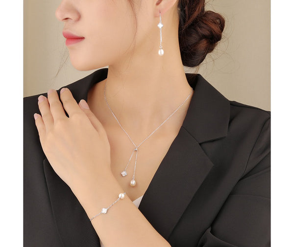 Korean Elegant 925 Sterling Silver Drop Earrings Necklace Bracelet Tiny Tassel Long Natural Pearl Jewelry Set