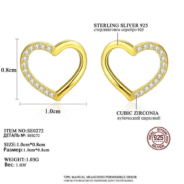 18K Gold Plated Cubic Zircon Heart Earrings for Women Fine Jewelry Pure 925 Silver Gold Earrings Stud