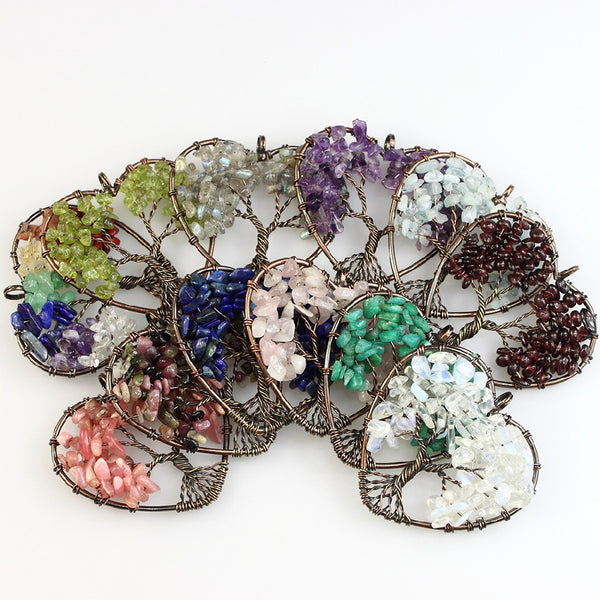 48MM 7 Chakra Chips Natural Stone Bronze Wire Wrapped Heart Shape Tree Of Life Pendants