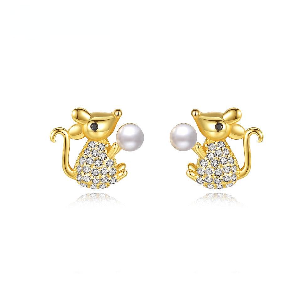 New Design Charm Gold Plated Earrings 925 Sterling Silver Mouse Shape CZ Stud Earrings for Girl Silver Jewelry