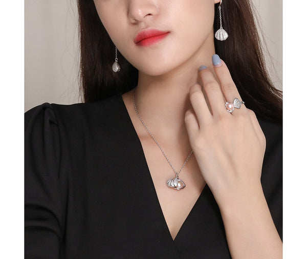 Fashion Costume 925 Sterling Silver Women Elegant Open Ring Drop Earrings Necklace Freshwater Natural Pearl Jewelry Set