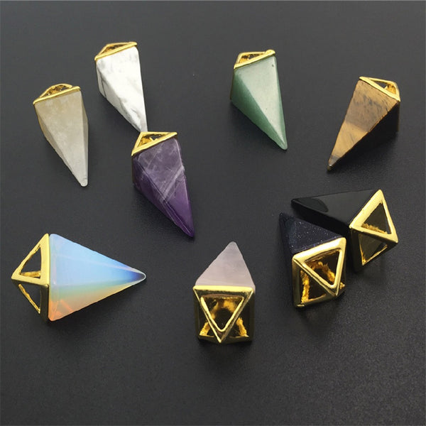 Healing Gem Stone Crystal Quartz Natural Stone Hexagon Chakra Pendulum Gold Quadrangular Pyramid Pendant